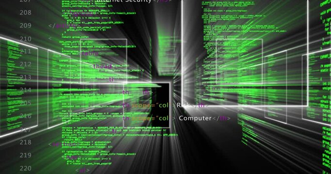 Code panels and green text appearing and zooming toward viewer, illustrating cyber security tunnel