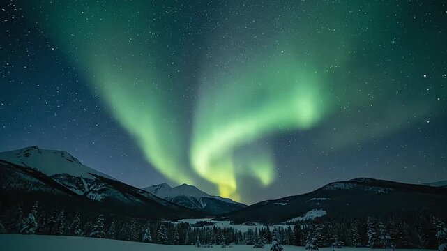 Northern Lights dance over snowy mountains and forest