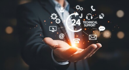 Businessman holding 247 technical support icons and services in his hand