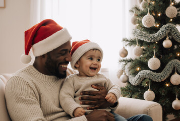african-american father and toddler son wearing santa hats enjoying christmas at home