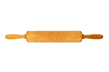 Wooden rolling pin in top view, isolated on white background.