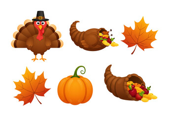 Fototapeta premium Festive Thanksgiving turkey, pumpkins, cornucopias overflowing with harvest bounty, and autumn leaves celebrate abundance
