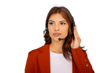 Professional telemarketer speaking into headset, representing customer service communication in corporate setting