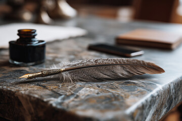 Vintage feather quill pen resting beside ink bottle and notebook