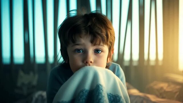 Child with cute eyes peeks over soft blanket. Kid hiding and looking around fearfully or shyly. Footage