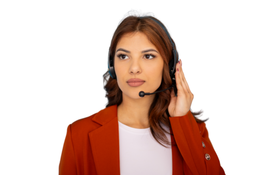 Professional telemarketer speaking into headset, representing customer service communication in corporate setting