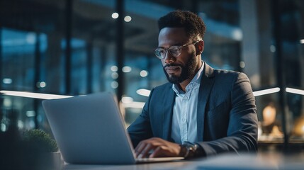 Focused African American businessman in formal suit and glasses, browsing and working on laptop, staying late in a modern office setting. Male employee, overloaded with work at his desk at night.
