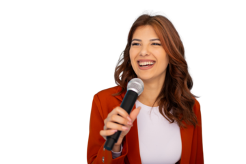 Young female entrepreneur smiling and holding microphone during conference or presentation on transparent background