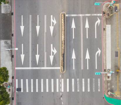 Aerial View of Intersection with Lane Arrows and Crosswalk