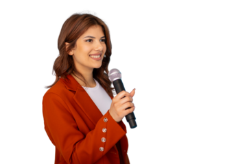 Professional female presenter confidently speaking, microphone in hand, white background