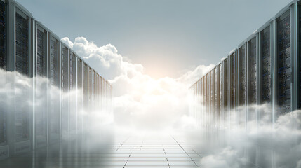 Server racks in a data center hallway with clouds and sunlight creating a cloud computing atmosphere