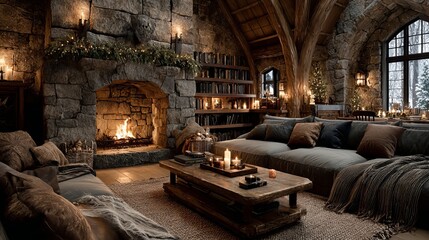 A cozy, festive room with a fireplace and a Christmas tree. Christmas stockings, Christmas gift box holiday concept.