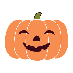 Halloween pumpkin, jack o lantern with carved face, isolated on transparent. Hand drawn flat vector illustration. Funny cartoon character. Traditional holiday design element, clip art
