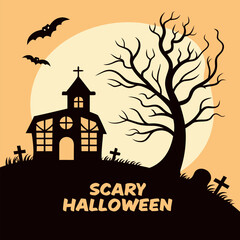 Happy Halloween Vector Illustration — Spooky Haunted House Scene for Greeting Cards and Posters