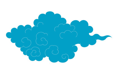 Traditional Asian cloud, cumulus cloud, line drawing, blue, isolated on transparent. Hand drawn vector illustration. Buddhist thangka art. Chinese, Japanese, Korean design element, clip art