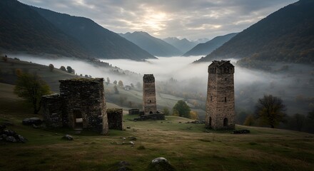 Misty Mountain Valley with Ancient Stone Towers at Sunrise in Georgia