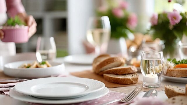 Setting a lovely table with appetizing dishes and drinks, providing a warm and inviting atmosphere for guests to enjoy
