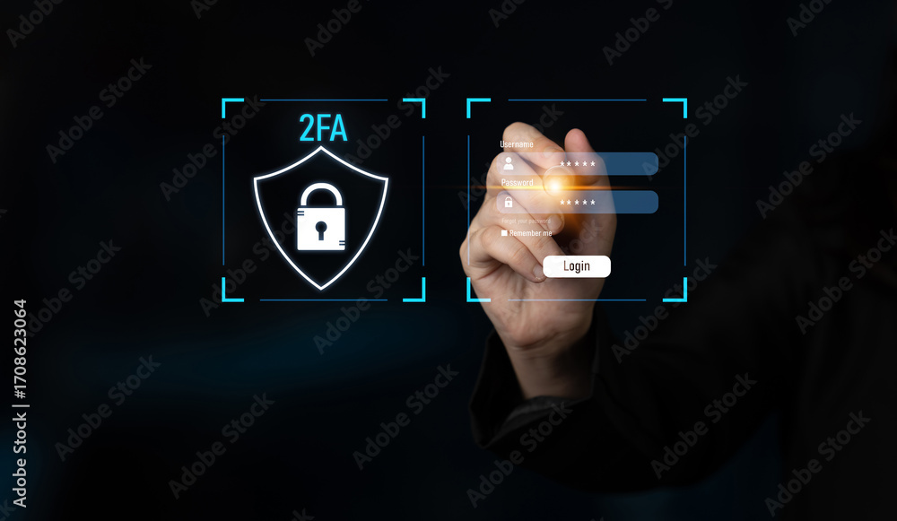 Poster two-factor authentication strengthens login system security. adds protection, two-factor authenticat