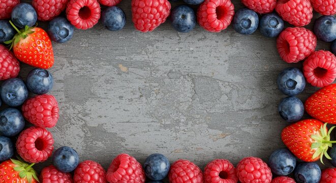 Frame made of fresh red raspberries, blue blueberries, and ripe strawberries on a rustic gray backdrop for healthy eating concept.
