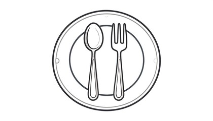 Simple Line Art Illustration: Spoon and Fork on Plate