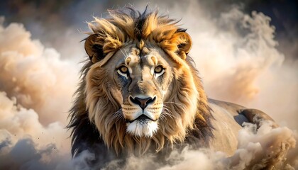Majestic Male Lion in Dust Cloud, Powerful African Wildlife Portrait