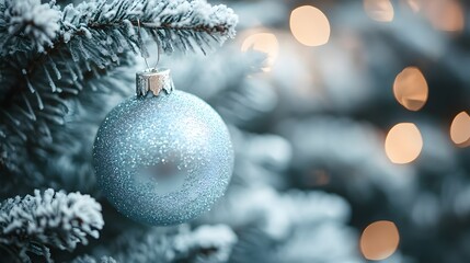 A blue ornament hanging from a tree