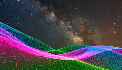 Colorful, glowing wireframe landscape against a backdrop of the Milky Way galaxy