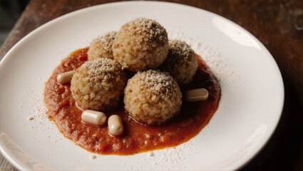 Suppl� Rice Balls on Plate with Tomato Sauce Smear and Capsules, Crumb Texture Overhead Italian Snack Closeup