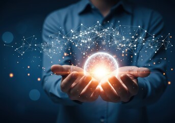 A person holding a glowing sphere of interconnected digital network points and light in their cupped hands, symbolizing global connection and technology
