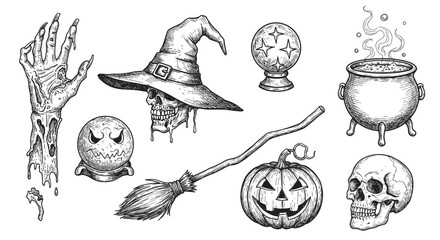 Halloween decoration items collection – zombie hand rising from grave, skull in witch hat, magic crystal ball, witch broom, Jack-o’-lantern pumpkin with carved face – black and white vector sketch 