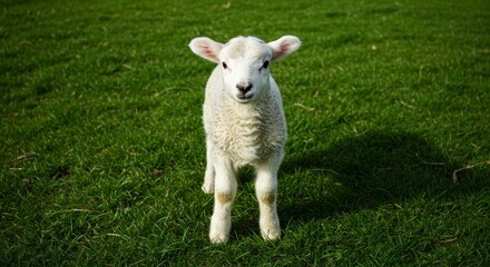 Obraz premium Young lamb standing on green grass, looking directly at camera. Rural farm animal in spring field background for farm, nature, or Easter concept.