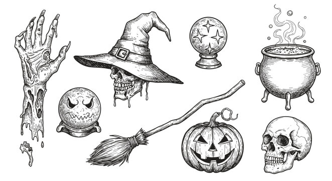 .Halloween decoration items collection &ndash; zombie hand rising from grave, skull in witch hat, magic crystal ball, witch broom, Jack-o&rsquo;-lantern pumpkin with carved face &ndash; black and white vector sketch 