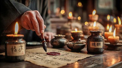 Doctor applying seal on ancient Chinese medical prescription by candlelight