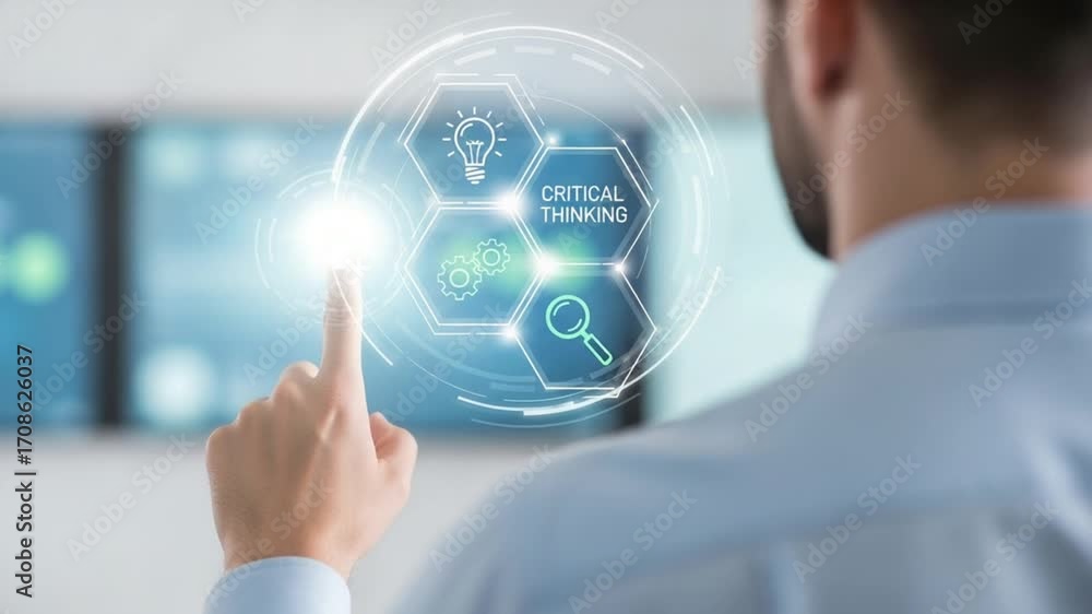 Poster man touching a holographic interface with critical thinking icons on a digital screen display