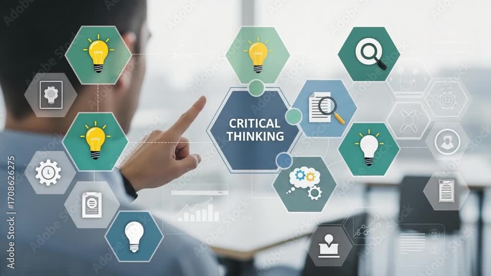 Poster man pointing at critical thinking hexagon diagram with light bulb and document on a screen display