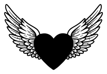 Obraz premium Love Heart Shape with Angel Wings Flying Isolated Black and White Outline Line Art Drawing