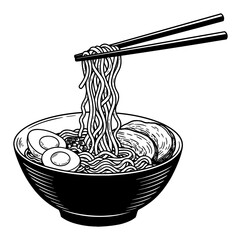Ramen Noodle Dish with Chopsticks Lifting Noodles Black and White Outline Line Art Drawing