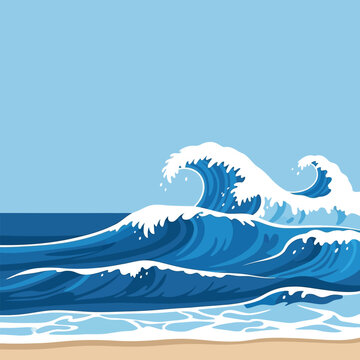 Illustration of ocean waves crashing against the shore with a light blue sky in the background.