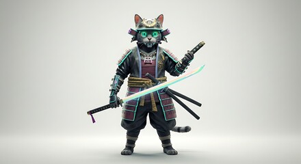 Obraz premium Futuristic feline warrior brandishing glowing swords, blending ancient samurai style with neon cyberpunk aesthetics.