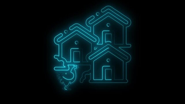 Blue neon chicken and coop icon glowing on black background hen house poultry