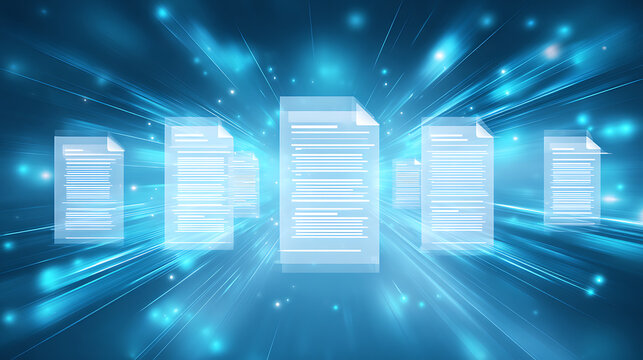 Digital documents floating in a futuristic blue data stream with glowing light effects