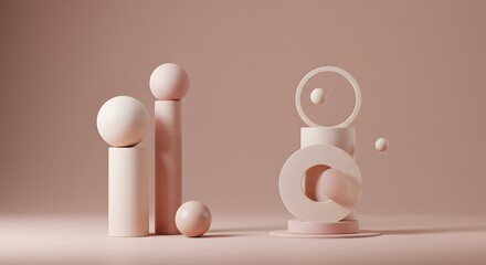Abstract 3D Render: Minimalist Geometric Forms in Pastel Pink and Cream