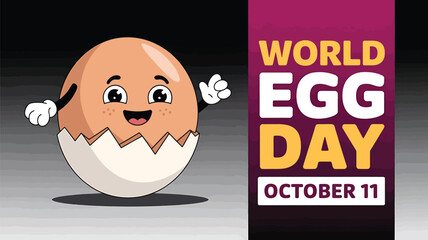 Vector art of a smiling cartoon egg hatching from its shell celebrates world egg day on october 11th with festive text