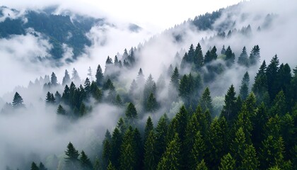 Misty mountain landscape with dense green conifer forest shrouded in low clouds