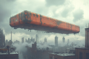 Large orange object floats over city skyline.