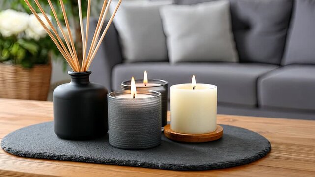 A relaxing arrangement of candles and an aromatic diffuser creates a peaceful atmosphere in a cozy living room
