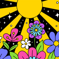 Psychedelic space flowers trippy landscape background.