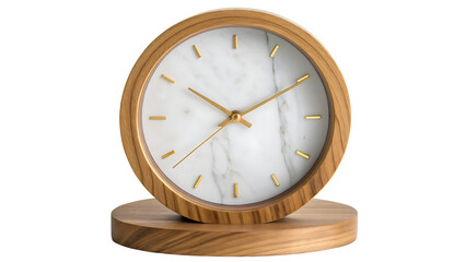 Oval wooden desk clock with white face isolated on transparent background