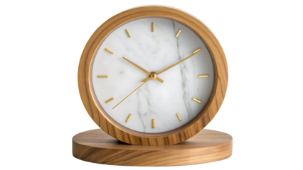 Oval wooden desk clock with white face isolated on transparent background