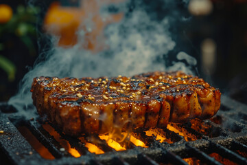 A steak is being cooked on a grill with flames